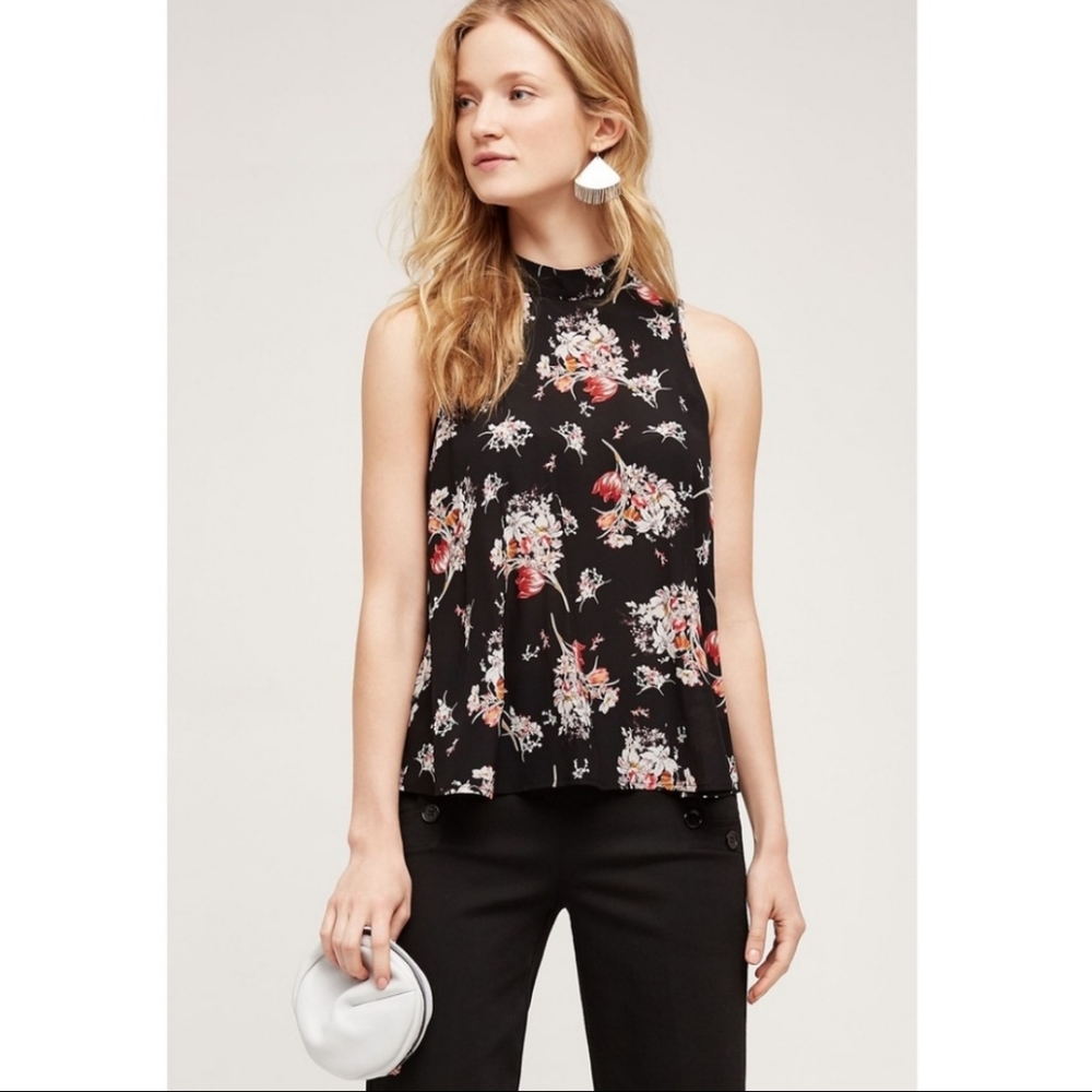 ANTHROPOLOGIE Maeve Hidra Silk Floral Print black Sleeveless Top - XS